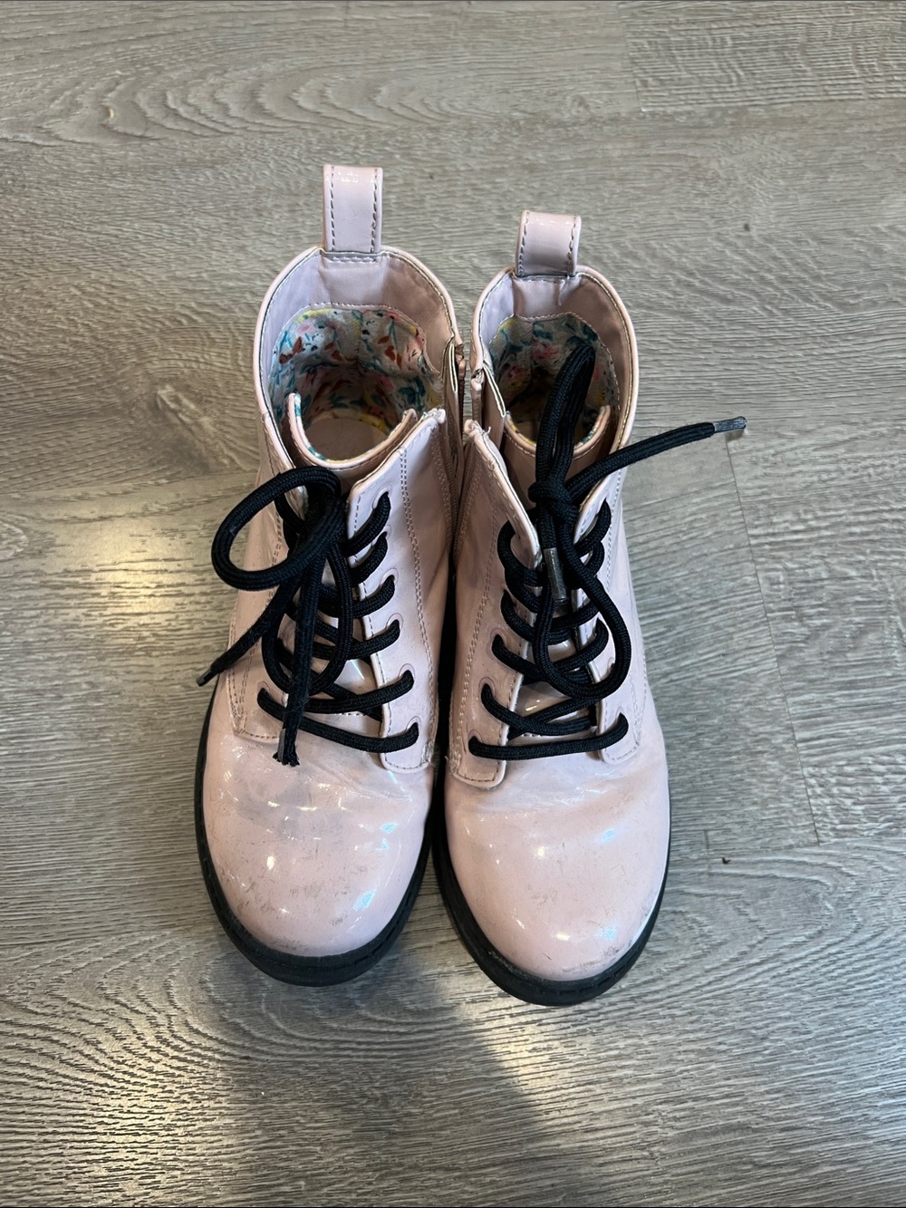 Light Pink Patent Combat Boots with Black Laces